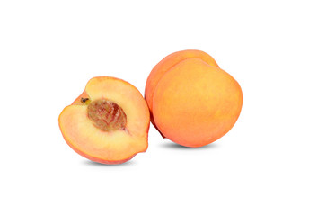Naklejka na ściany i meble unpeeled whole and half cut fresh peach with seed on white background