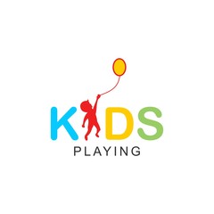 creative kids playing logo design ,illustration child and balloon vector