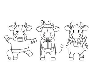 Three cute bulls on a new year's theme. Black outline, sketch, simple silhouettes of festive animals.Calves in a sweater, scarf, Santa hat.Symbol of the year, emblem, icon and kids coloring book