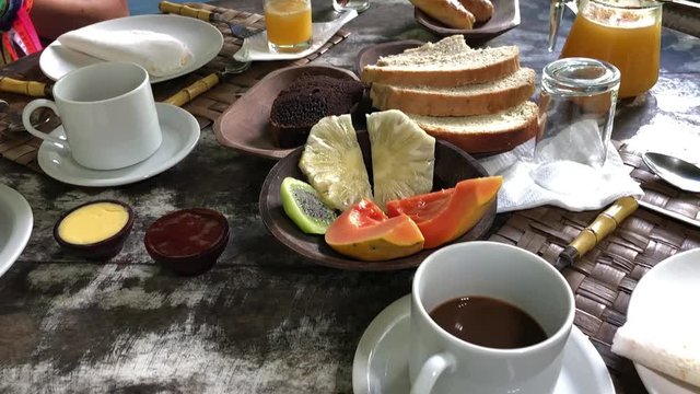 Breakfast with fruits, juices, coffee and tapioca