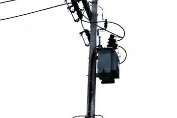 Obraz premium Electric pole with transformer Wooden poles with signs for high voltage electrical transmission lines