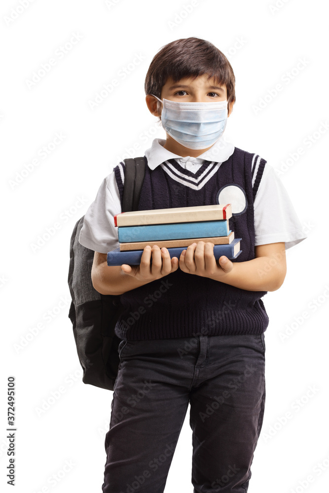 Sticker Schoolboy with a backpack holding a pile of books and wearing a protecitve face mask