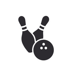 Bowling pins with ball icon. Bowling game. Bowling ball and pin icon. Simple icon skittles with ball. Logo template. Bowling club, tournaments. Sport icon.