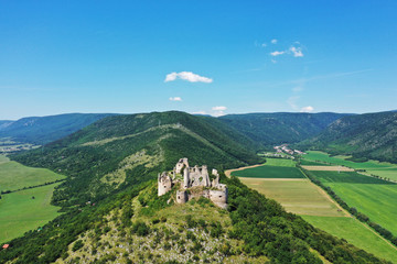 Aerial view of castle in Turna nad Bodvou village in Slovakia