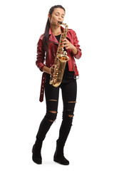 Full length portrait of a female saxophonist in a red leather jacket playing a saxophone