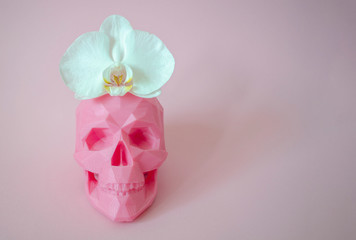 Skull with flower on a pink background for murderous beauty industry banner with space for text 