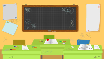 Empty dirty school classroom with desks vector illustration