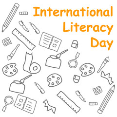 cartoon doodle art of international literacy day in yellow text. vector illustration.