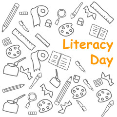 cartoon doodle art of international literacy day in yellow text. vector illustration.
