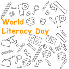 cartoon doodle art of international literacy day in yellow text. vector illustration.