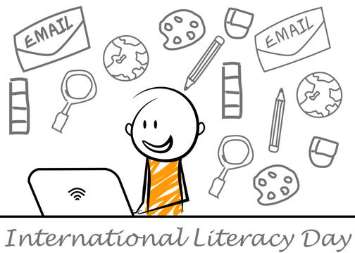 literacy day special. cartoon stickman learning online from laptop.vector illustration.