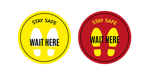 
Please Wait Here Social Distancing Round Floor Marking Sticker Icon mit Text und Shoeprints. Vector Image.