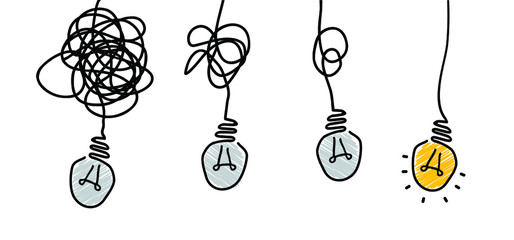 Comic brain electric lamp idea doodle. FAQ, business loading concept. Fun vector light bulb icon or sign ideas. Brilliant lightbulb education or invention pictogram banner