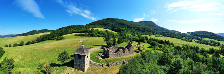 Aerial view of a historically church in the village of Lucka in Slovakia
