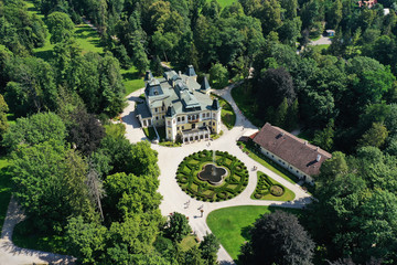 Fototapeta na wymiar Aerial view of the beautiful Betliar manor house in the village of Betliar in Slovakia