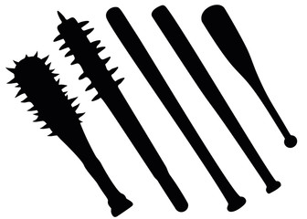 Baseball bats for playing in a set. Baseball bats with nails.