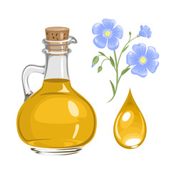 Flaxseed oil and drop. Vector illustration of glass bottle with plant oil and flower in cartoon flat style.