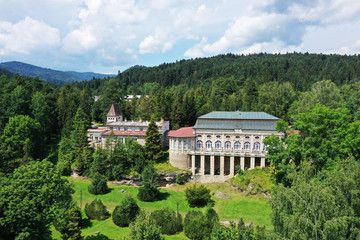 Aerial view of the historic White House building in the village of Vysne Ruzbachy in Slovakia