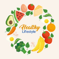 banner healthy lifestyle, with frame circular of vegetables, fruits and food vector illustration design