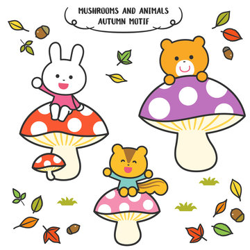 Mushrooms and Animals / Autumn Motifs / With Lines.
