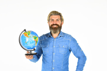 The globe Earth. Global networking and international business concept. happy bearded man with atlas. Social Media. concept of eco universe. back to school. ecology and media