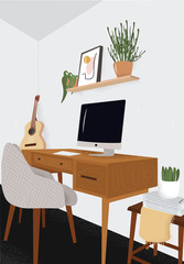 Modern minimalistic hand drawn  
cabinet interior vector flat illustration. 
White walls, a wooden table, a computer, a shelf with flowers, magazines and a guitar. Inside panorama of cabinet at house