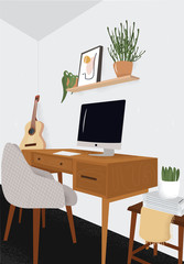 Fototapeta premium Modern minimalistic hand drawn cabinet interior vector flat illustration. White walls, a wooden table, a computer, a shelf with flowers, magazines and a guitar. Inside panorama of cabinet at house