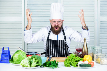 Guy in professional uniform ready cook. Master chef concept. Culinary challenge. Chef handsome...
