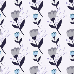 Isolated botanic pattern with grey and blue flowers. Folk floral shapes on light background.