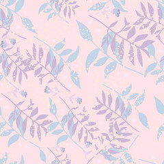 Random seamless forest branch boouquet pattern. Light pink background with blue and purple foliage ornament.