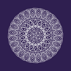 floral mandala of white color on purple background, vintage luxury mandala, ornamental decoration vector illustration design
