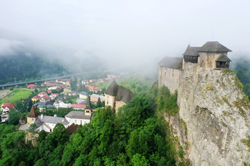 Fototapeta na wymiar Aerial view of Oravsky castle in Oravsky Podzamok village in Slovakia