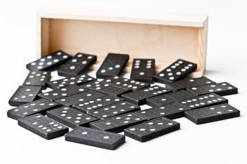 The domino board game. Black chips. White background
