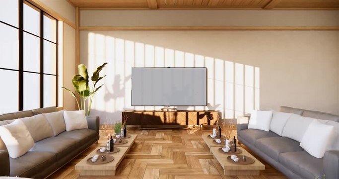 Set Sofa and TV cabinet wooden in vintage living room on white wall background,3d rendering
