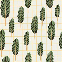 Fototapeta premium Random forest seamless pattern with leaves elements. Doodle ornament in green tones on white background with check.