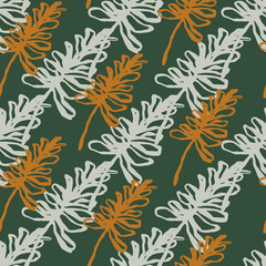 Autumn simple seamless pattern with outline branches. Green background with orange and grey elements.