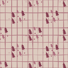 Dark pink fir tree elements seamless doodle pattern. Forest ornament on grey background with check.
