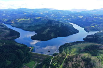 Aerial view of a water reservoir in the village of Nova Bystrica in Slovakia