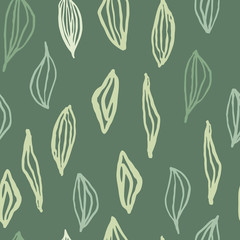 Minimalistic abstract outline leafs seamless pattern. Pastel light contoured botanic elements on green background.
