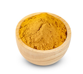 Dry turmeric powder or curcuma longa linn in wooden bowl isolated on white background  ,include clipping path