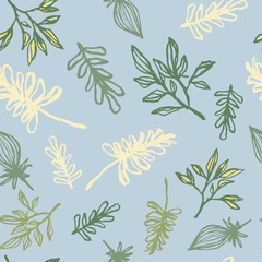 Outline seamless hand drawn pattern with green and yellow contoured branches and leaves. Blue soft background.