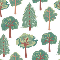 Forest seamless pattern with abstract green tree silhouettes. Isolated botanic print with white background.
