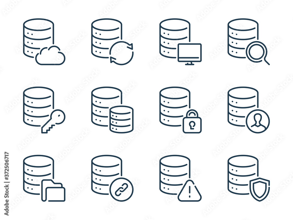 Poster database related vector line icons. server and hosting storage outline icon set.