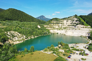 Fototapeta na wymiar Aerial view of a lake in the village of Sutovo in Slovakia