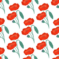 Bright poppy flower ornament isolated seamless pattern. Red flower ornament on white background.