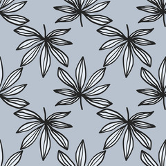Seamless pattern with hand drawn contoured cannabis leaves. White and navy tones drug elements on blue background.