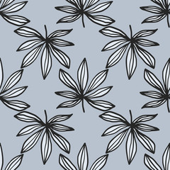 Seamless pattern with hand drawn contoured cannabis leaves. White and navy tones drug elements on blue background.