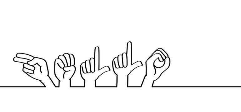 Hand spelling. Deaf sign language signs. Slogan hello World hello day. line patern background. Fingerspelling alphabet. Vector school teacher hand icon symbol Banner, wallpaper or card celebration.