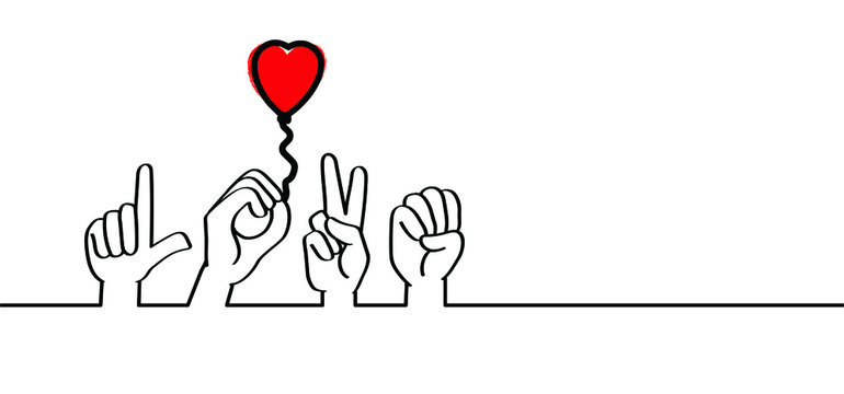 Hand spelling. Deaf sign language signs. Love heart month or happy singles day. 14 february, valentine, valentines day or for romantic, wedding banner. Fun vector icon. Love-filled day. Dactylonomy