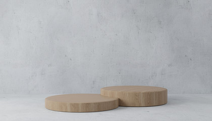 wood cylinder podiums on concrete background. Abstract minimal scene with geometrical. Modern pedestal show cosmetic products presentation. design empty space. studio platform template. 3d render